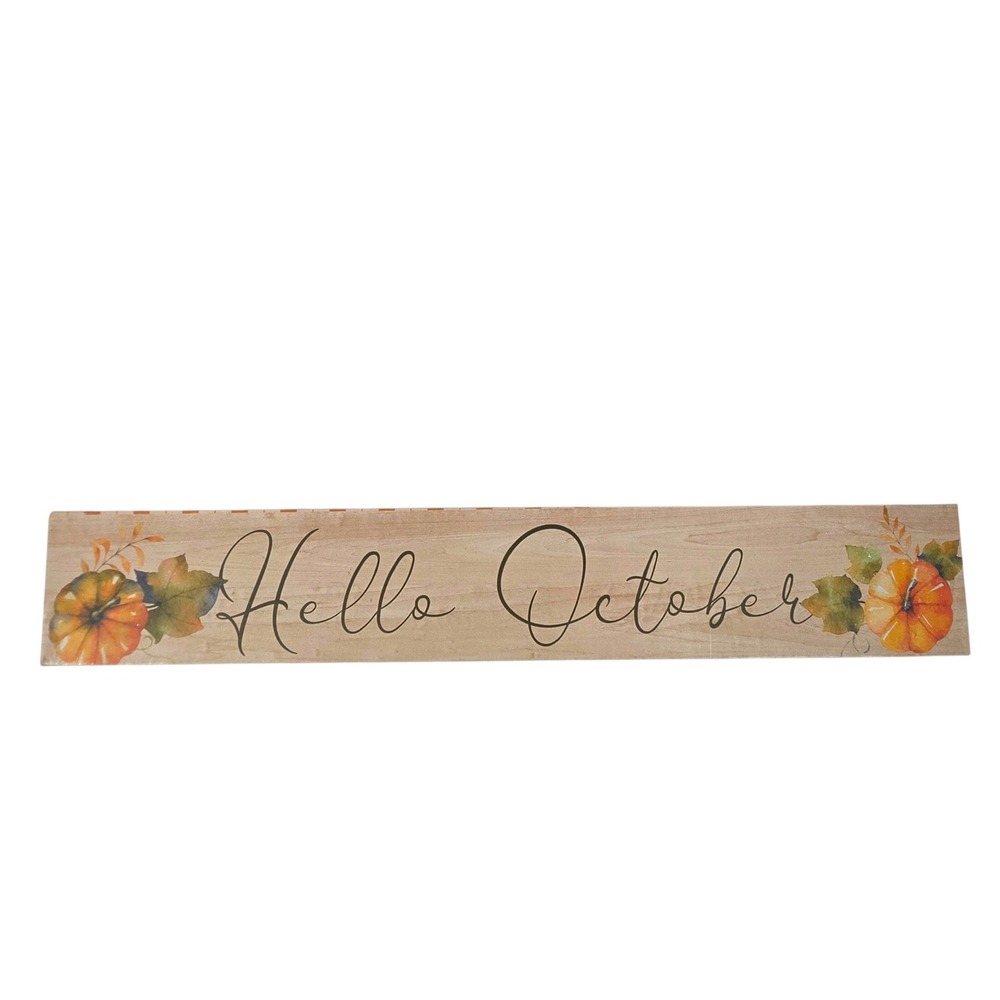 Hello October Sign Orange Pumpkin Plaid Fall Autumn Home Decor Wall Shelf Wood